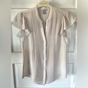 H&M Sheer Button Down Blouse with Pleats and Ruffled Cap Sleeves, Taupe Color 🥝